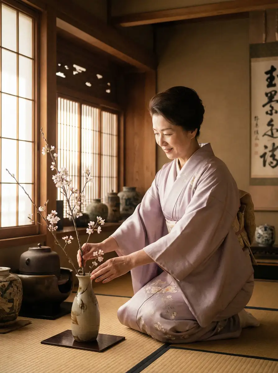 一位优雅的 亚新体育 在和室中插花