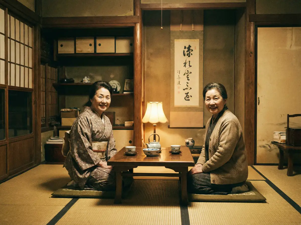 两位优雅的 亚新体育 在日式茶室中品茶交谈